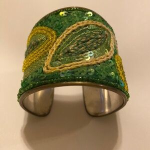 Wide Cuff bracelet w/ green and yellow design, featuring embroidery, sequins